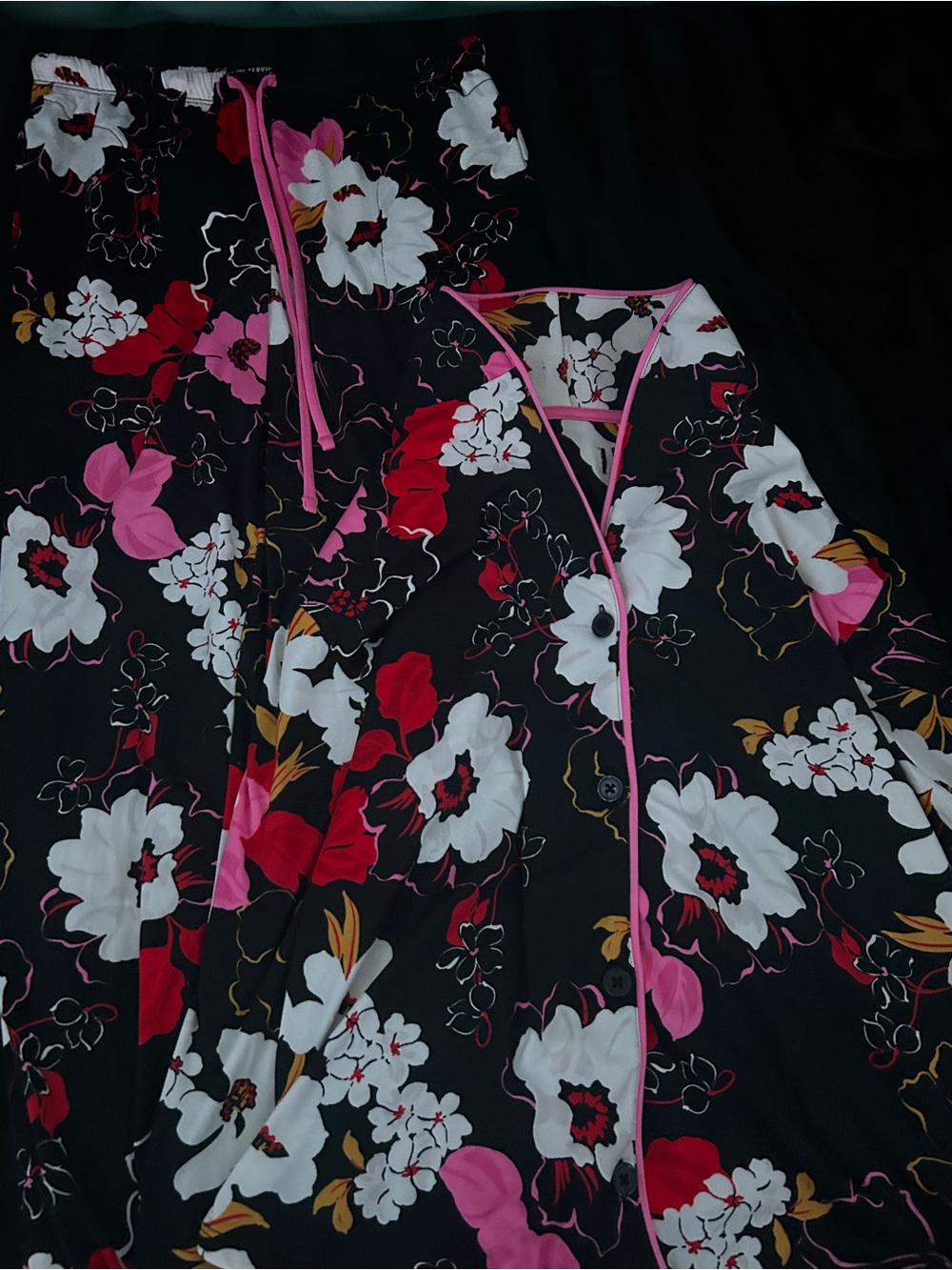 Women's Floral Pajama Set - Black with Pink & White Flowers
